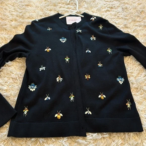 EUC Carolina Herrera Cashmere-silk Jeweled Bug Embroidered Cardigan In Black